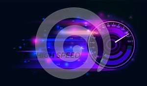 Speedometer background. Speed techno timer, action car speeding. Abstract accelerating blue and pink lines, racing