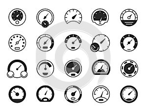 Speedometer black icons. Speed dashboard gauge symbol, flat device upload and download indicator. Vector set