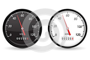 Speedometer. Black and white speed gauge with metal frame. 50 km per hour