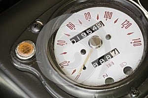 Speedometer of classic military motorbike with retro style.