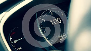 Speedometer fast. Car dashboard panel with speed meter, tachometer. Speed race background.