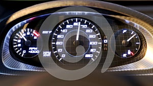 Speedometer fast car speed dashboard accelerate. 3D grid close angle. 4k. 3d animation rendering