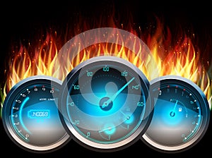 The Speedometer in fire on isolated black background