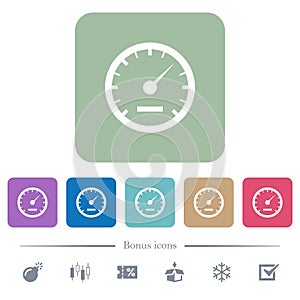 Speedometer flat icons on color rounded square backgrounds