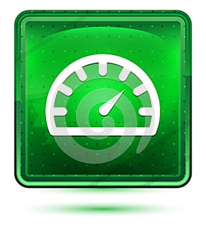 Speedometer gauge icon neon light green square button