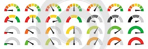 Speedometer, gauge meter icons. Vector scale, level of performance. Speed dial indicator . Green and red, low and high barometers