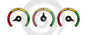 Speedometer, gauge meter signs. Scale, level of performance. Speed dial indicator. Low and high barometers. Infographic