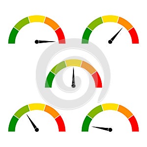 Speedometer icon with arrow. Dashboard with green, yellow, red indicators. Gauge elements of tachometer. Low, medium, high and