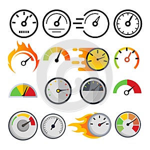 Speedometer Icon Set Vector. Speed Symbol. Auto Power. Automobile Interface. Transportation Element. Fast Indicator