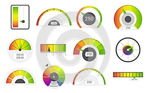 Speedometer icons. Credit score indicators. Speedometer goods gauge rating meter. Level indicator, credit loan scoring
