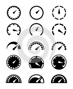 Speedometer icons. Vector speed meter and gauge car dashboard. Line power control indicator set. Dial of outline tachometer,