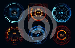 Speedometer indicators. Power meters, fast or slow internet connection speed meter stages vector concept