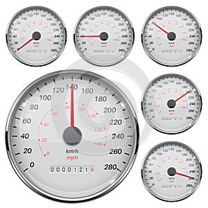 Speedometer. Kilometers and miles. Speed gauge with metal frame