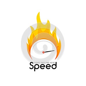 Speedometer Logo with Flame Design. Fast fire speedometer design measurement