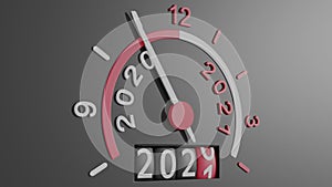 Speedometer needle moves to 12 on panel with dial of hours, counter changes number from 2020 to 2021. Concept: Evening of year eve