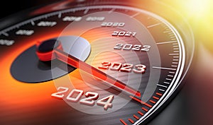 Speedometer with needle moving to the year 2024