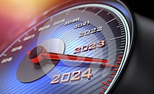 Speedometer with needle moving to the year 2024