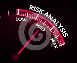Speedometer in red color showing Needle of risk analysis on the medium in center, background. Low or medium risk in business