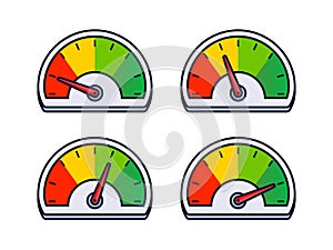 Speedometer set, gauge meter. Speed dial indicator. Scale, level of performance. Score progress. Vector illustration
