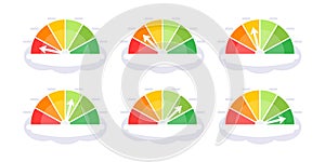 Speedometer set, gauge meter. Speed dial indicator. Scale, level of performance. Score progress. Vector illustration