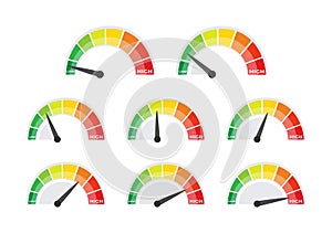 Speedometer set, gauge meter. Speed dial indicator. Scale, level of performance. Score progress. Vector illustration