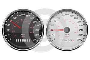 Speedometer set. Kilometers and miles. Black and white car dashboard gauges