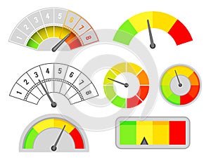 Speedometer speed indicators interface set measurement meter dashboard arrow isolated design vector illustration