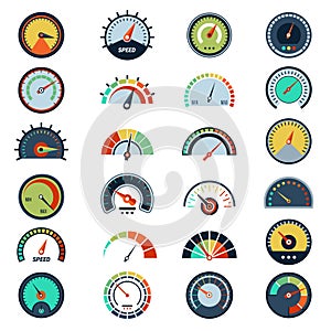 Speedometer symbols. Level fuel rating indication score graph guage vector pictures set