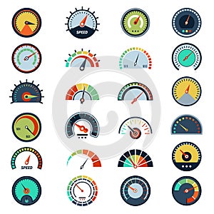 Speedometer symbols. Level fuel rating indication score graph guage vector pictures set photo
