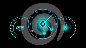 Speedometer, tachometer, fuel and temperature gauge isolated black background