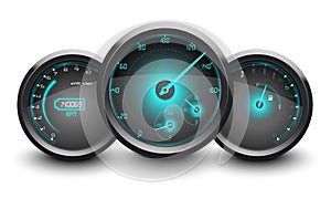 Speedometer, tachometer, fuel and temperature gauge isolated white background