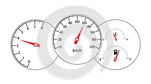 Speedometer, tachometer, temperature and fuel gauge. Car speedometer dashboard