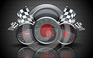 Speedometer, tachometer, temperature and fuel gauge on on metal perforated background