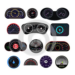 Speedometer vector car speed dashboard panel and speed-up power measurement design illustration set of speed-limit