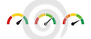 Speedometer vector icons set. Colour scale tachometer