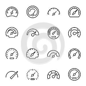 Speedometers with arrows linear vector icons set