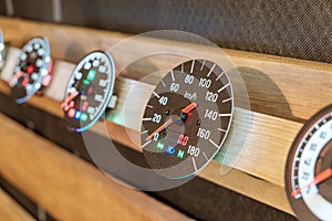 Speedometers on the counter of the spare parts store.