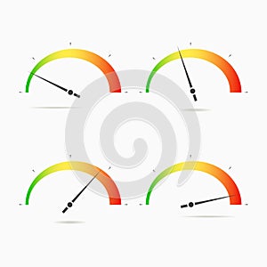 Speedometers icon set. Four positions, low, middle, high, speed dial. Colorful element for infographic, logo, web