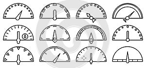 Speedometers and indicators line contour icon set