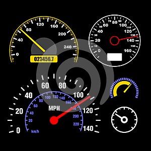 Speedometers Set on Black Background. Vector