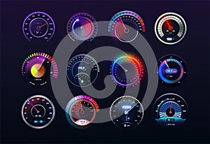 Speedometers set. Car speed realistic dashboard, futuristic gauge meter, counter and arrow. Bright glowing elements on
