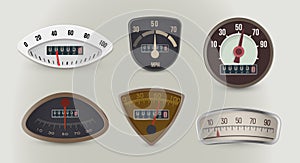 Speedometers, speed gauges realistic vector illustrations set