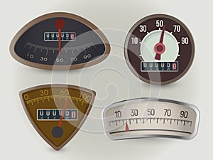 Speedometers, speed gauges realistic vector illustrations set. Retro vehicles round, triangular indicators with odometer