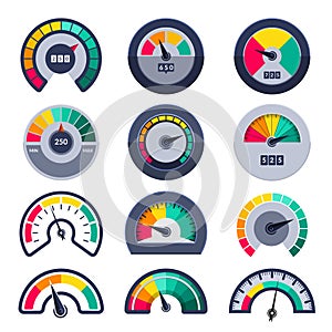 Speedometers symbols. Indicate level score meter indices measure vector templates