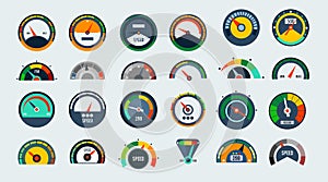 Speedometers vector collection with different style and signs. Customer loyalty and business score signs. Speed signs and icon set