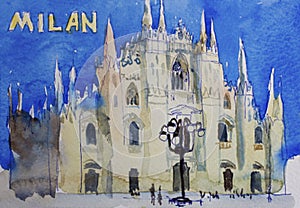 Speedpaind watercolor art postcard of Milan Dome Duomo, Lombardi