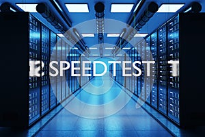 Speedtest logo in large modern data center with multiple rows of network internet server racks, 3D Illustration