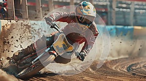 Speedway driver on his speedway motorcycle, racing at full speed on a speedway track.