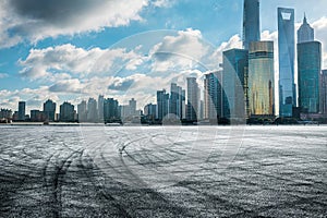 Speedway pavement and city skyline in Shanghai