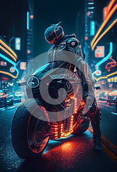 Speedway with riding futuristic motorcycle. Cyberpunk Motorbiker is riding a futuristic motorcycle on the night street